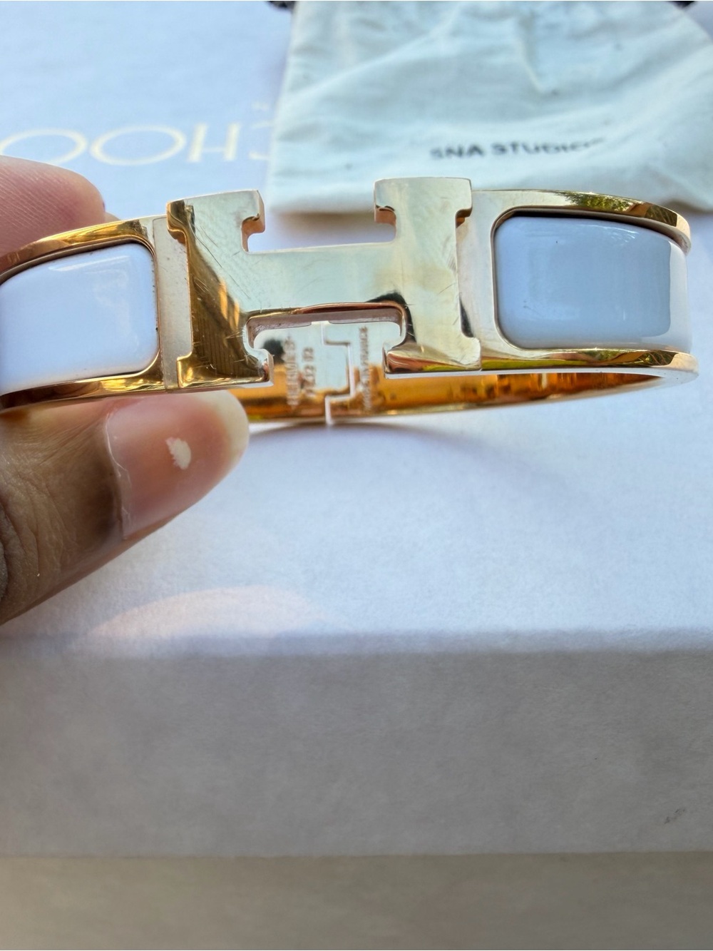 Hermes White and Gold Clic H Enamel Bracelet - Picture 3 of 6